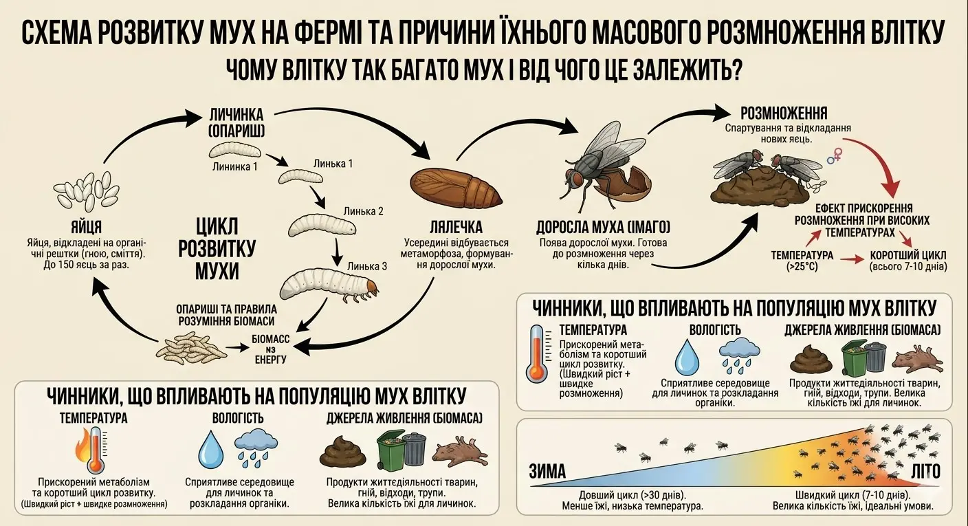Схема розвитку мух на фермі і дія