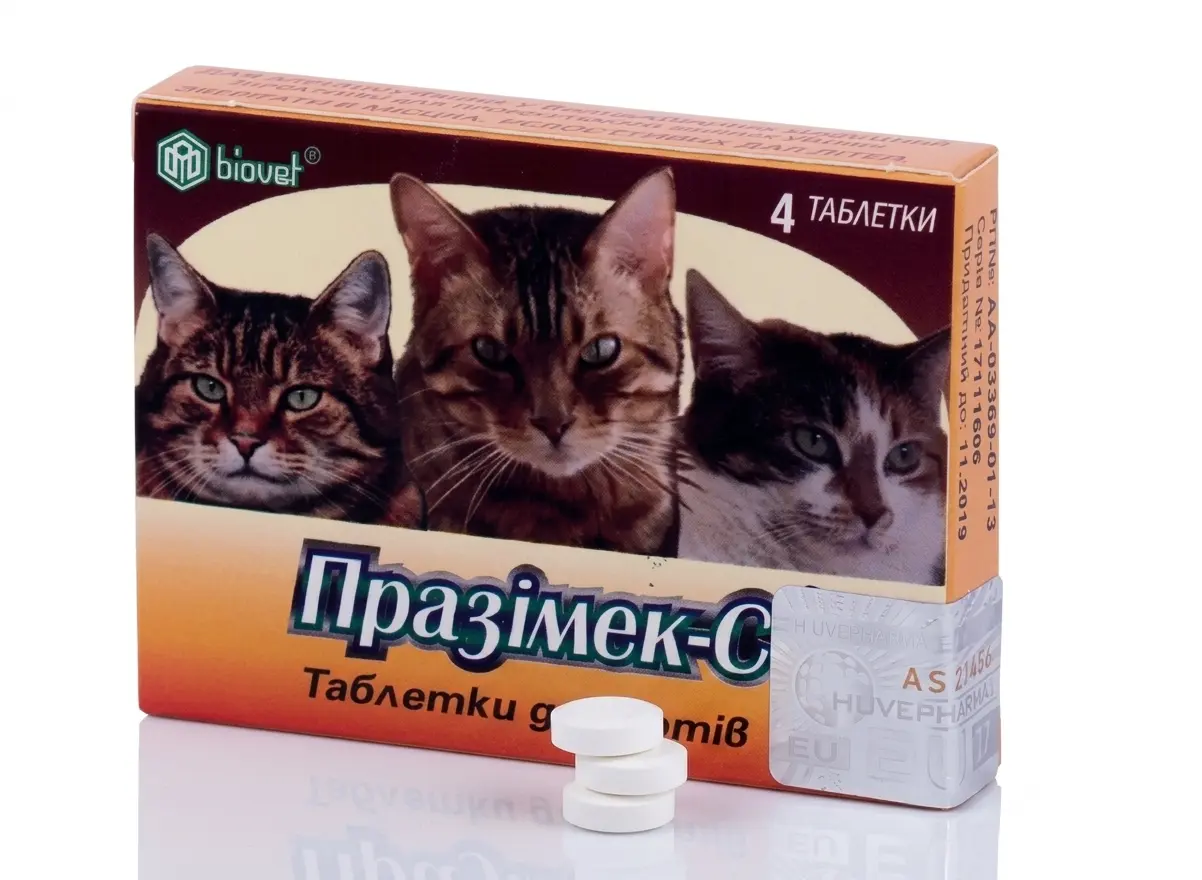 prazimec-c-tabletky-kotiv-hlystiv-klishchiv Таблетки Празімек-С для комплексного лікування котів від паразитів.